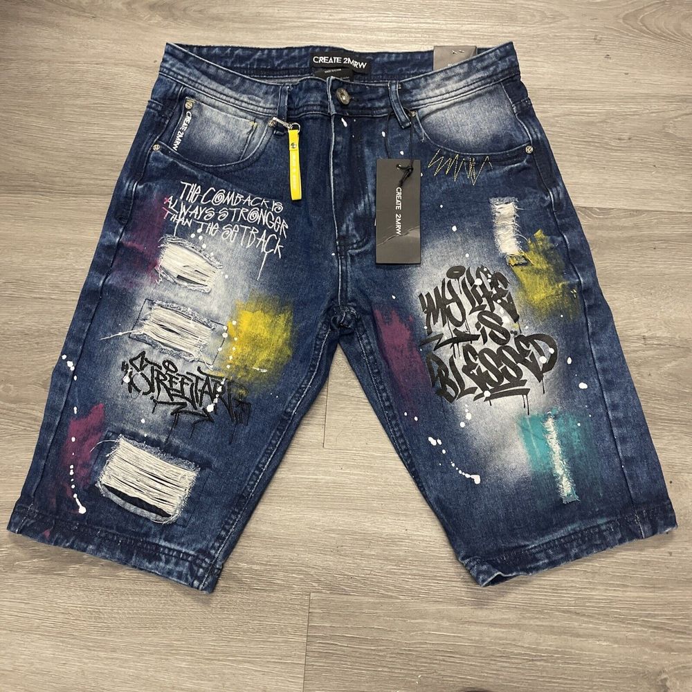 CREATE 2MRW BLUE JEAN “GRAFFITI” SHORTS SIZE 44 NEW RETAIL 80